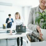 Frau stellt Pflanze im Büro ab auf einem Tisch